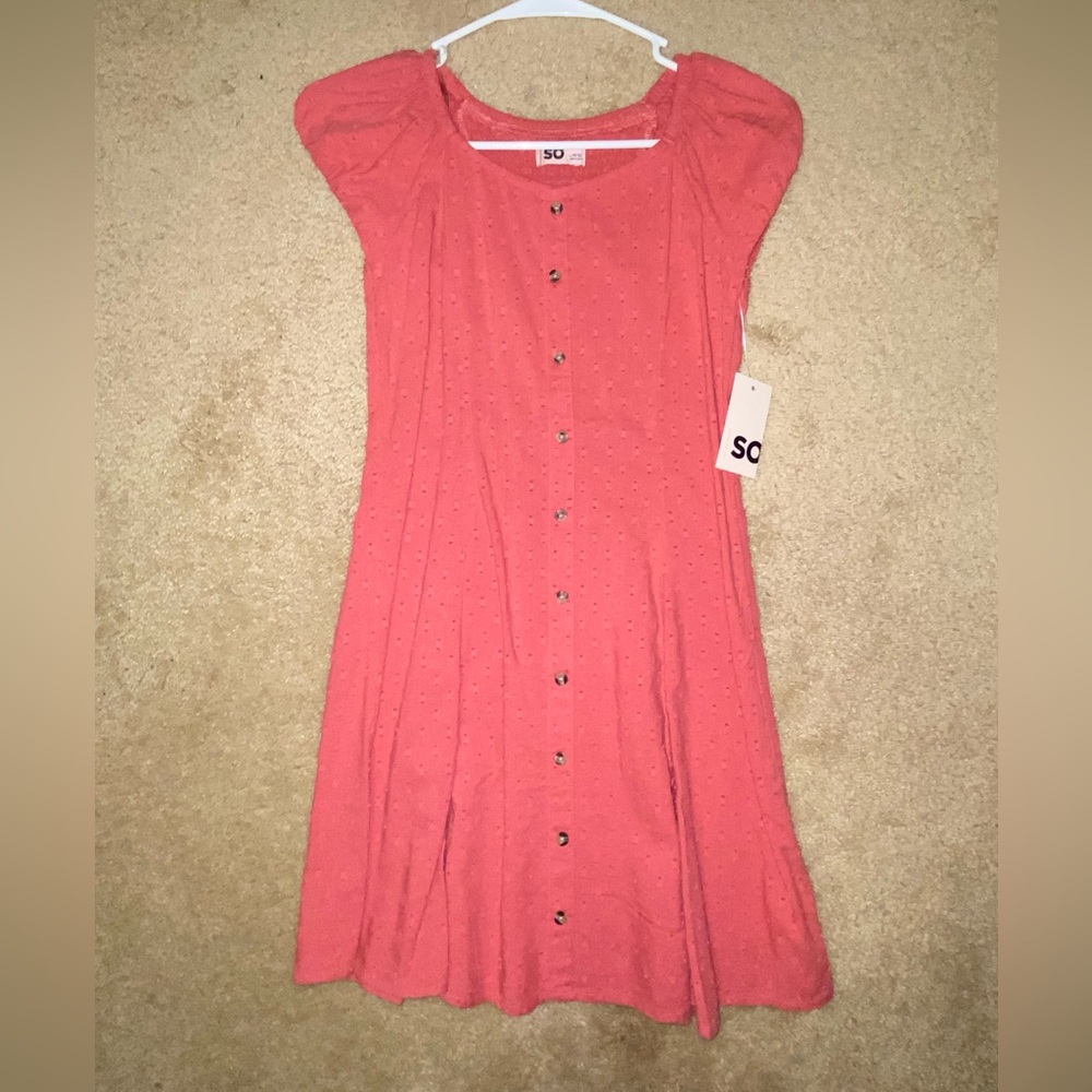 SO brand girls size large 10/12 dress- NWT- pink strawberry color- button up